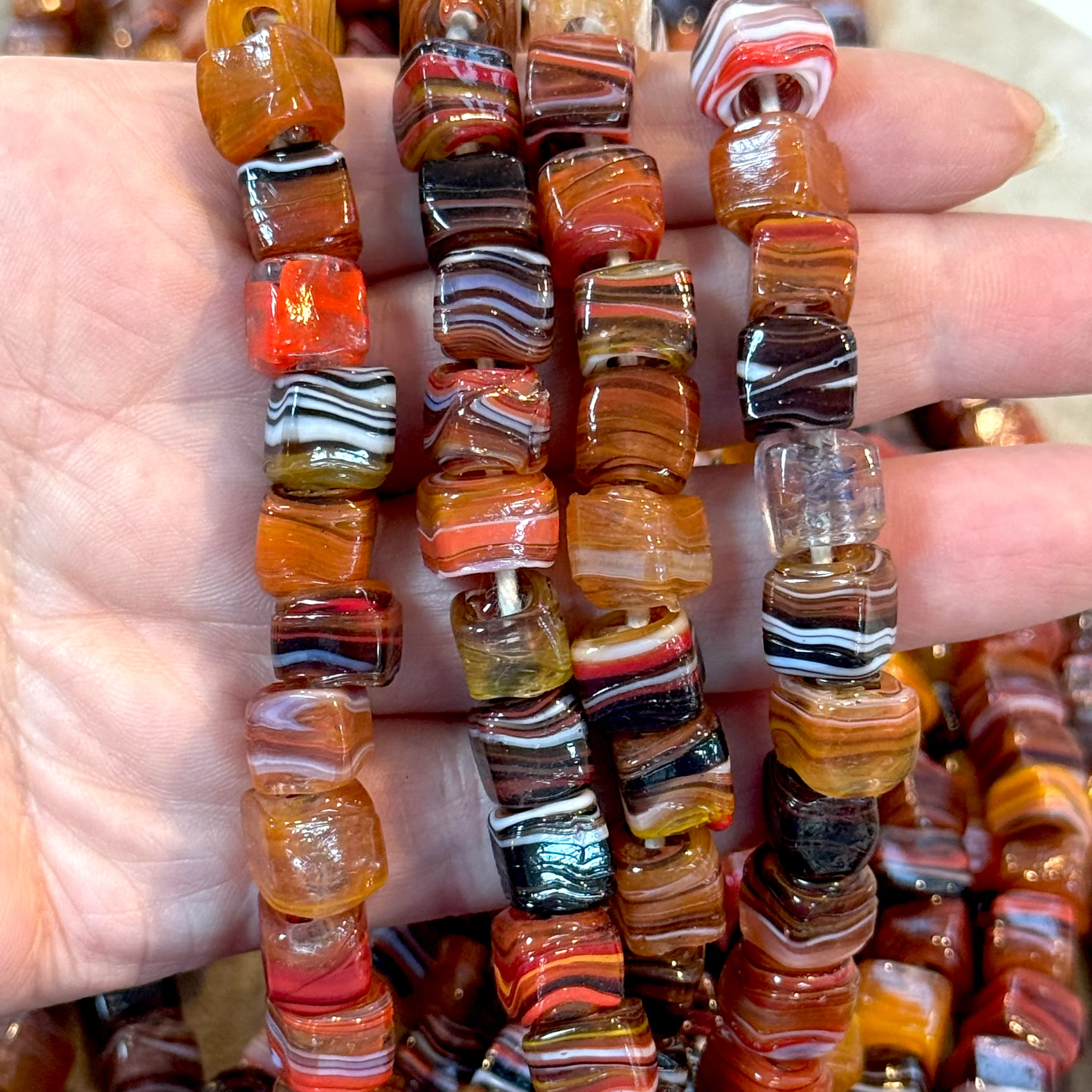 Traditional Turkish Artisan Handmade Cube Glass Beads, Large Hole Glass Beads, 25 Beads in a pack