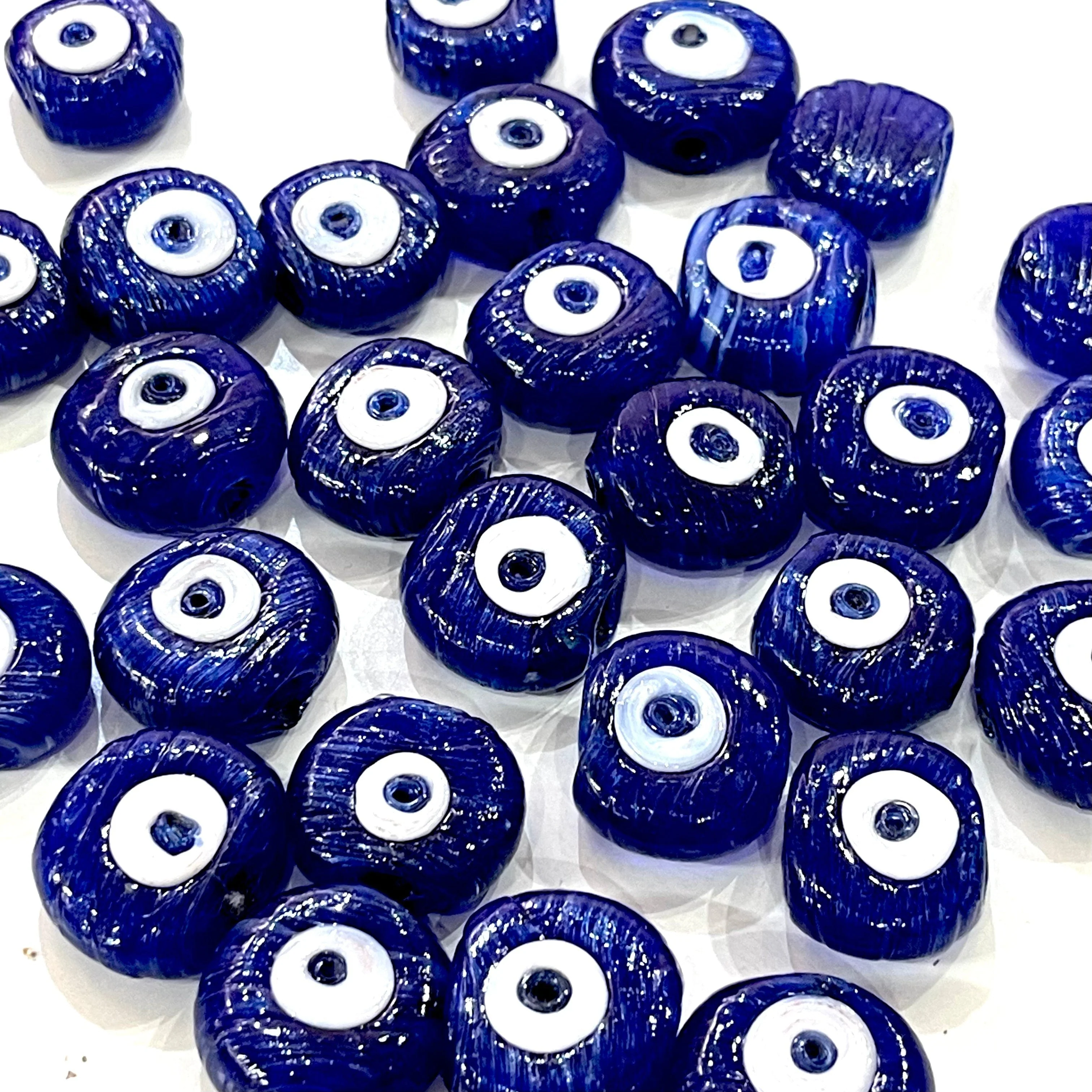 Traditional Turkish Artisan Handmade Glass Navy Evil Eye Beads, Large Hole Evil Eye Glass Beads, 50 Beads per pack - Image 2