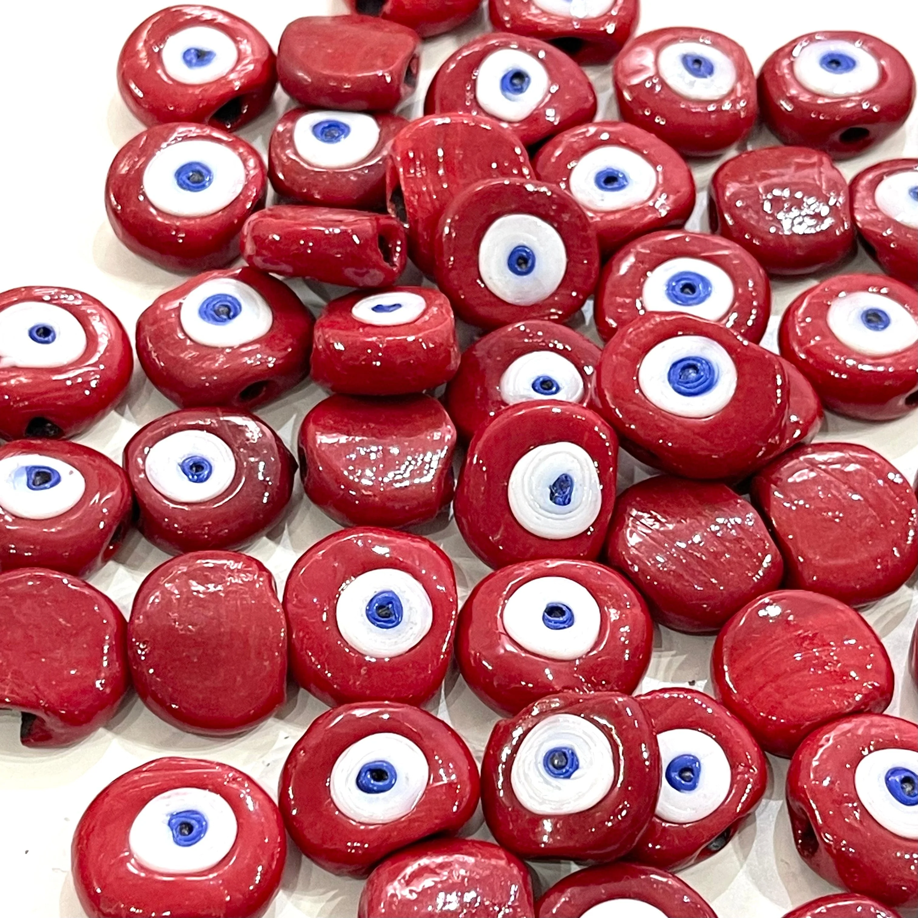 Traditional Turkish Artisan Handmade Glass Red Evil Eye Beads, Large Hole Evil Eye Glass Beads, 10 Beads per pack - Image 2