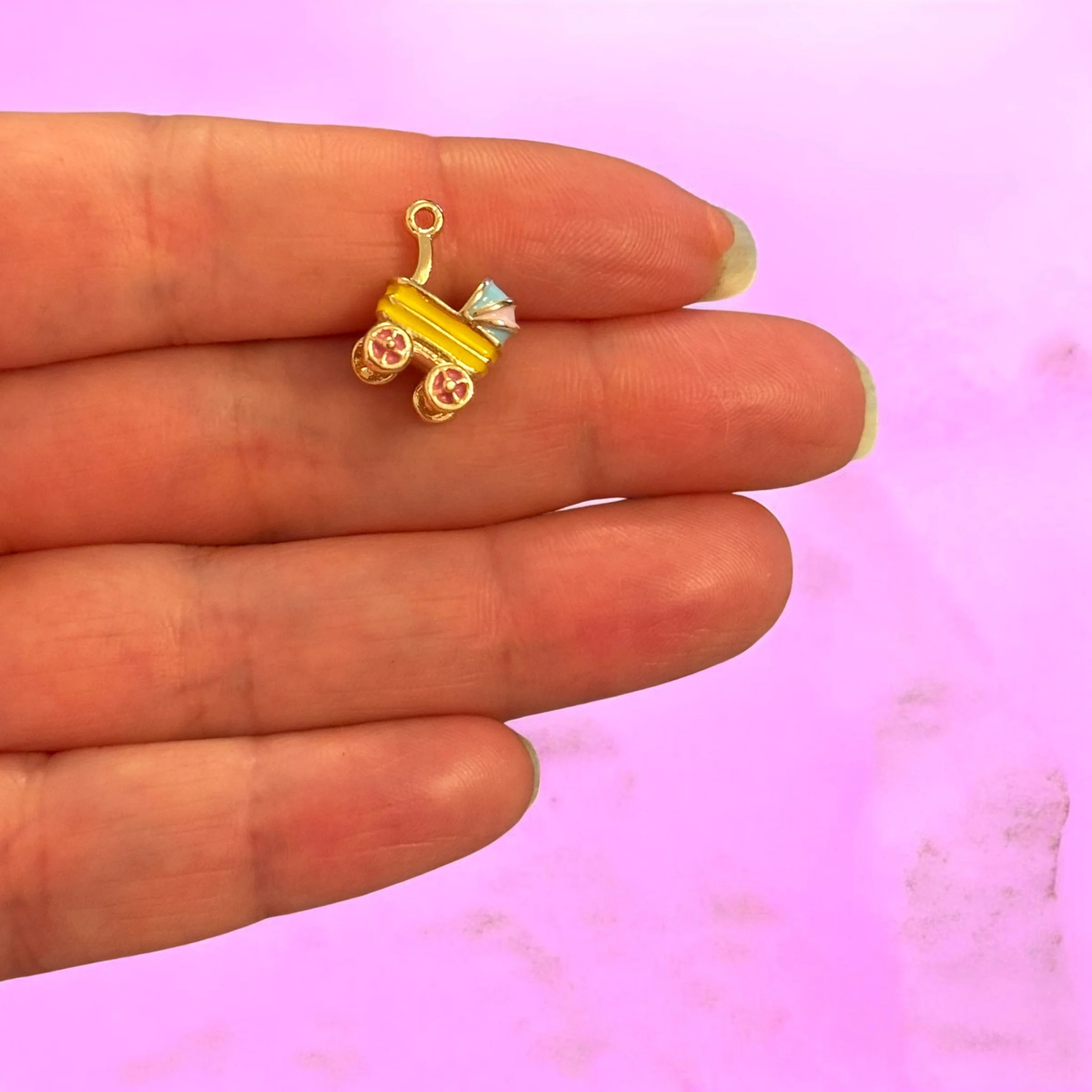 Yellow Baby Stroller Enamel Charm, Baby Pram Charm - Image 2